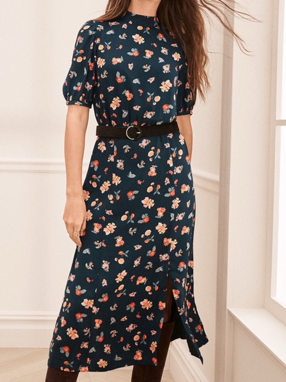 Ann Taylor Navy Floral Midi Dress with Puff Sleeves